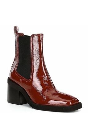 Gianni Bini Banks Crinkle Patent Leather Double Gore Square Toe Brown Booties